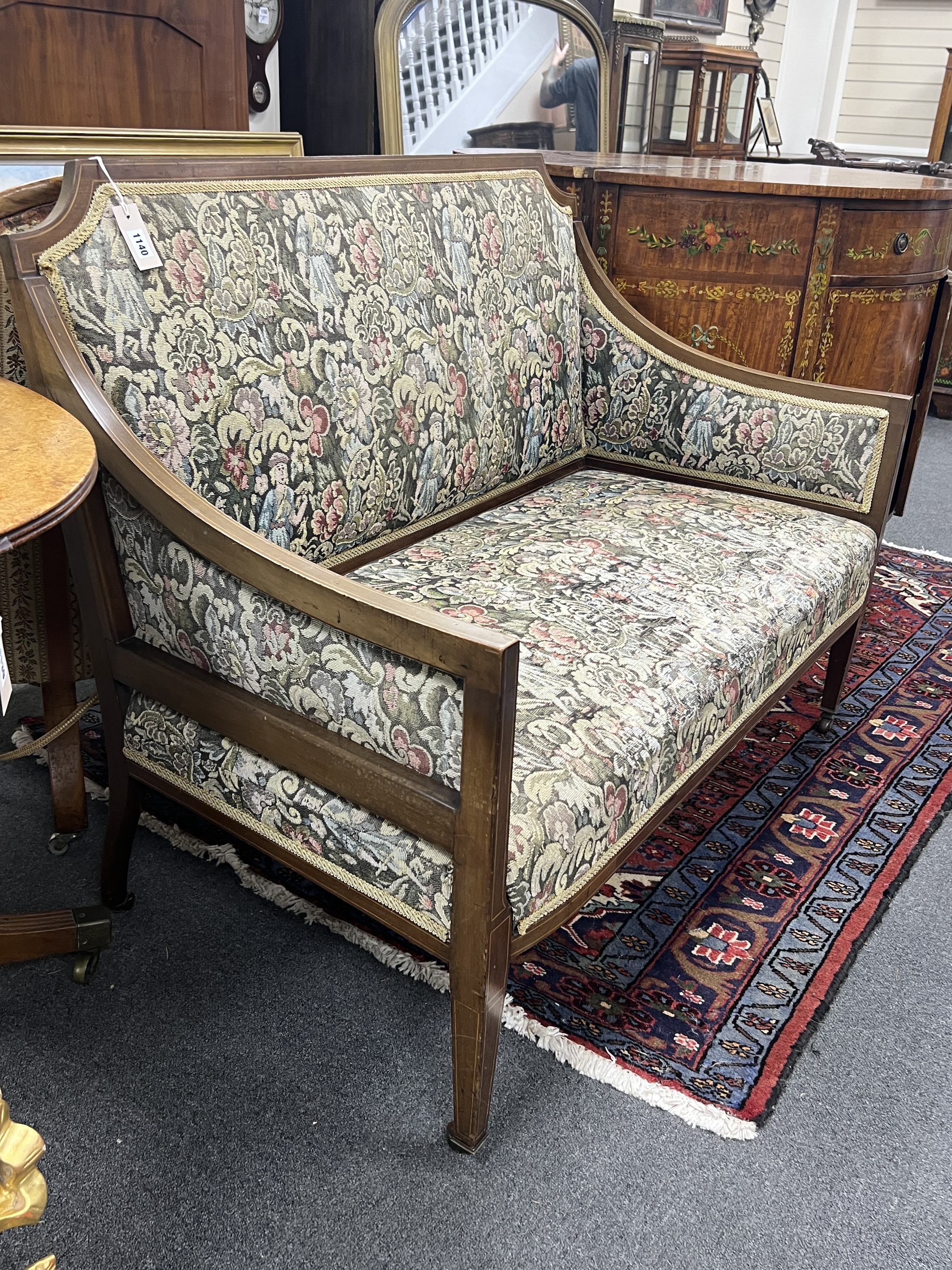 An Edwardian inlaid mahogany settee, length 117cm, depth 66cm, height 93cm